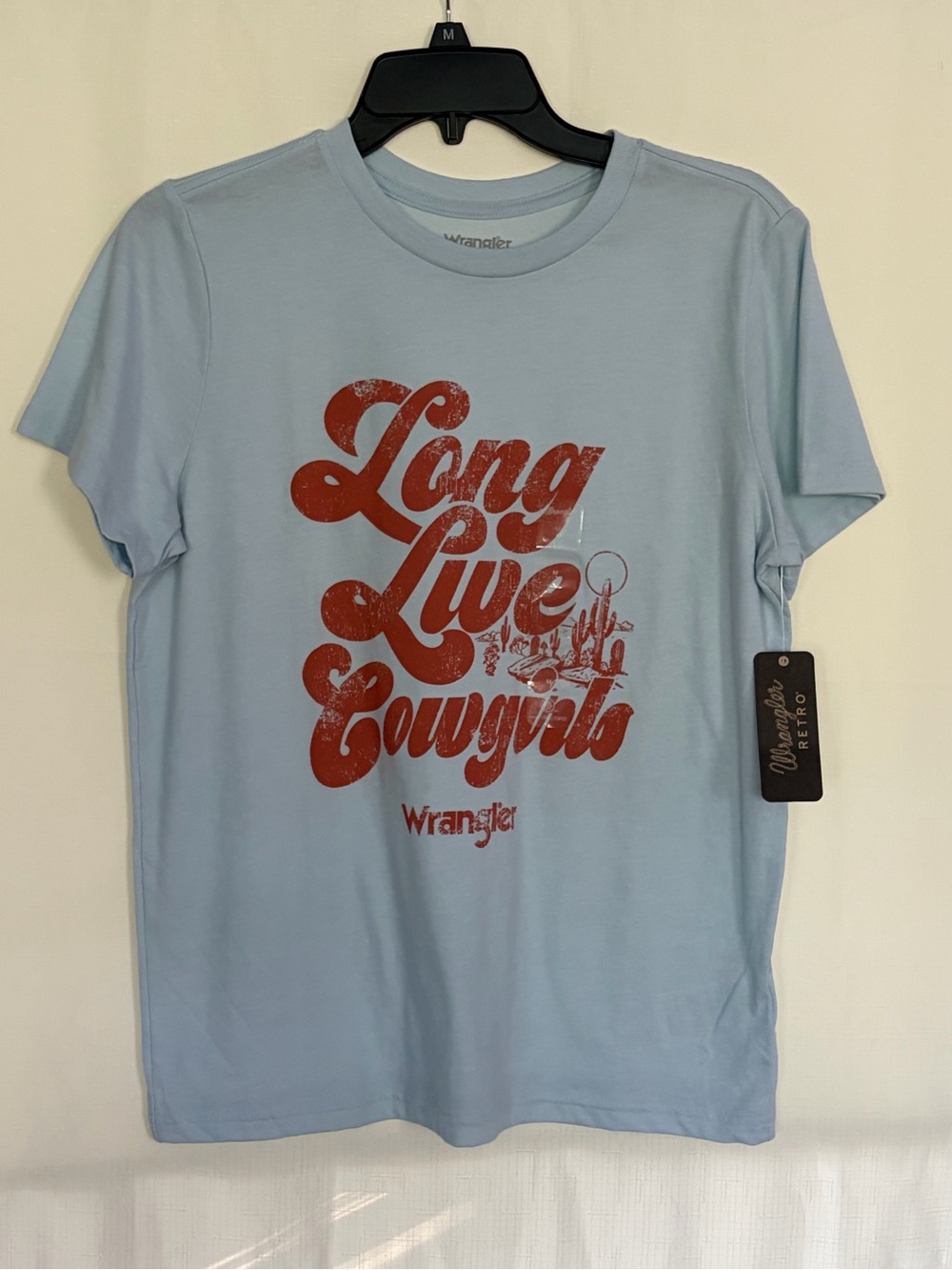 Wrangler Light Blue Short Sleeve Tee with Red 'Long Live Cowgirls' Graphic